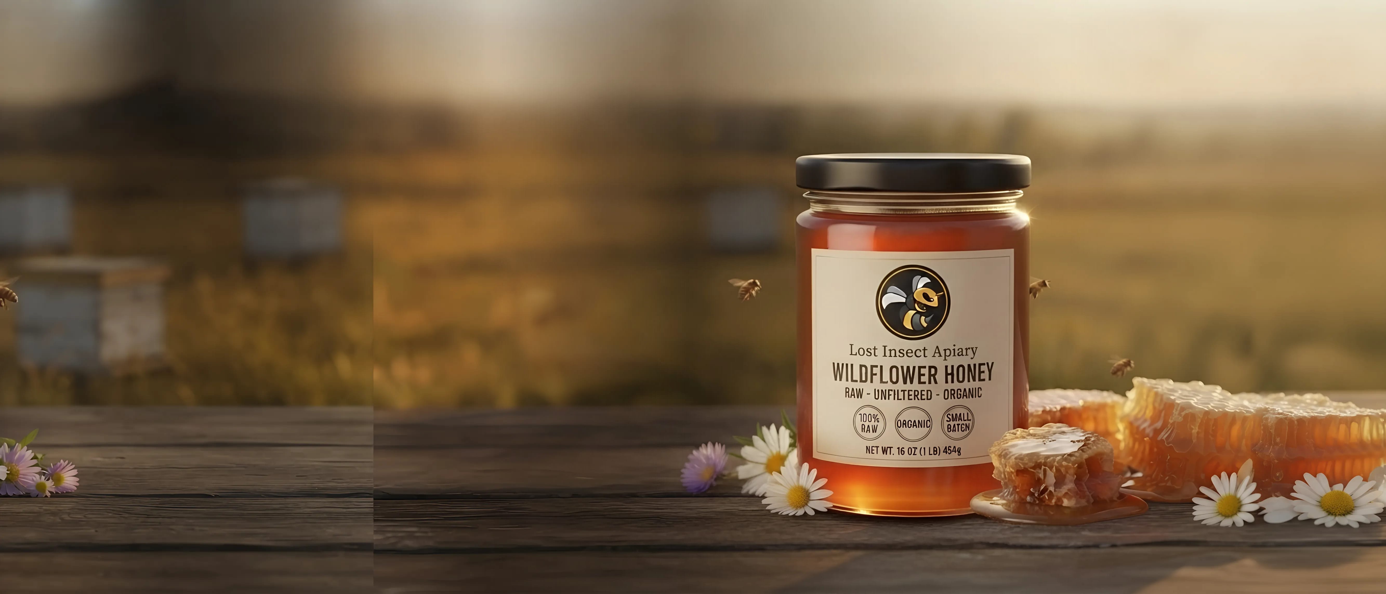 A jar of Lost Insect Apiary Wildflower Honey on a wooden table at golden hour, honeycomb and wildflowers around it, beehives in the meadow behind
