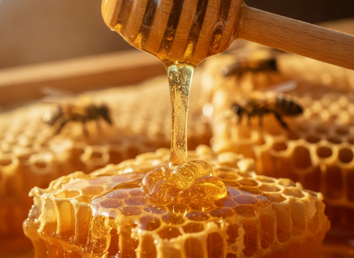 Raw honey dripping off a wooden dipper onto fresh honeycomb
